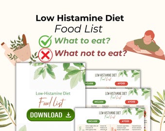 Puede incluir: Una marca de verificación verde y una X roja con el texto "¿Qué comer?" y "¿Qué no comer?" sobre una lista de alimentos de dieta baja en histamina imprimible con el texto "Descargar" en verde. La lista está dividida en secciones "Incluir" y "Evitar".