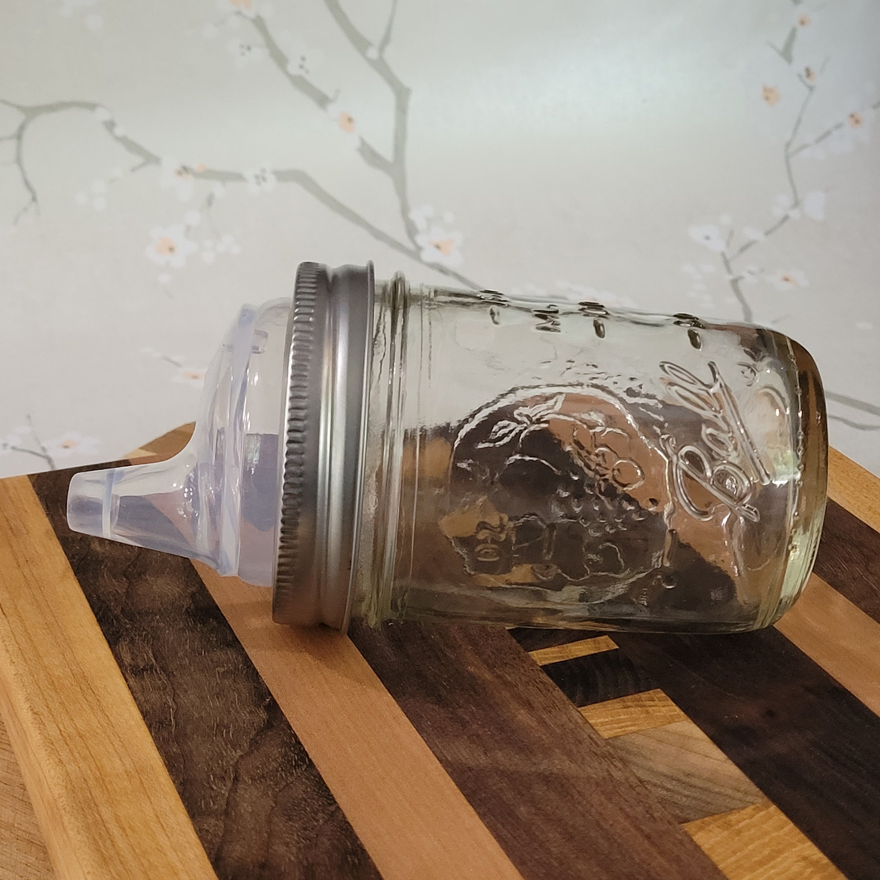 Deco Glass Drinking Mason Jar Cups With Handle & Wooden Carrier