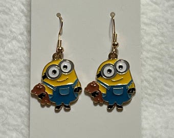 Cute Cartoon Yellow Character Earrings | Gold Dangle Earrings | Funny Gift for Animation Fans, Bob Kevin Anime Cartoon Fun