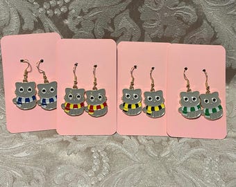 Cartoon Cat Earrings, Wizard Cat Earrings, Potter Fun Earrings, Holiday Earrings, Gold Dangle Earrings