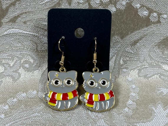 Cartoon Cat Earrings, Wizard Cat Earrings, Potter Wizard lover Earrings, Holiday Earrings, Gold Dangle Earrings, Wizard Anime Magic Gift