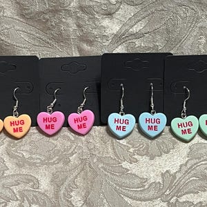 Adorable Conversation Faux Candy Heart Valentine Be Mine Hug Me Sweetheart Cute Earrings, Fun Earrings, Silver Earrings