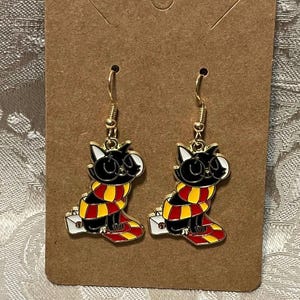 Cartoon Cat Earrings, Wizard Cat Earrings, Potter Wizard lover Earrings, Holiday Earrings, Gold Dangle Earrings, Wizard Anime Magic Gift Red