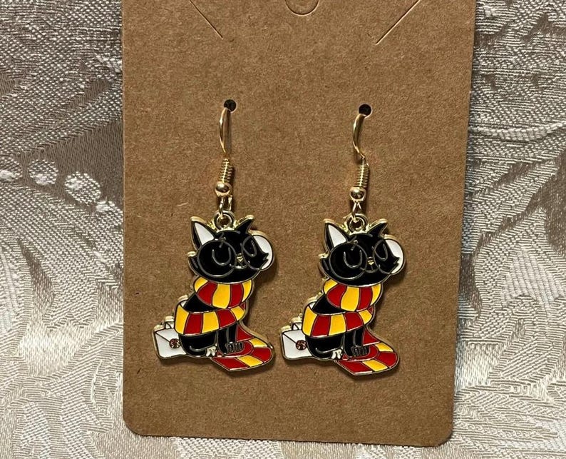 Cartoon Cat Earrings, Wizard Cat Earrings, Potter Wizard lover Earrings, Holiday Earrings, Gold Dangle Earrings, Wizard Anime Magic Gift Red