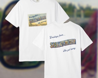 Saskatchewan Vintage Postcard Front & Back Design Tee - Chappell The Subway Visions of Damsels Tour - Unisex Gildan Softstyle T-Shirt