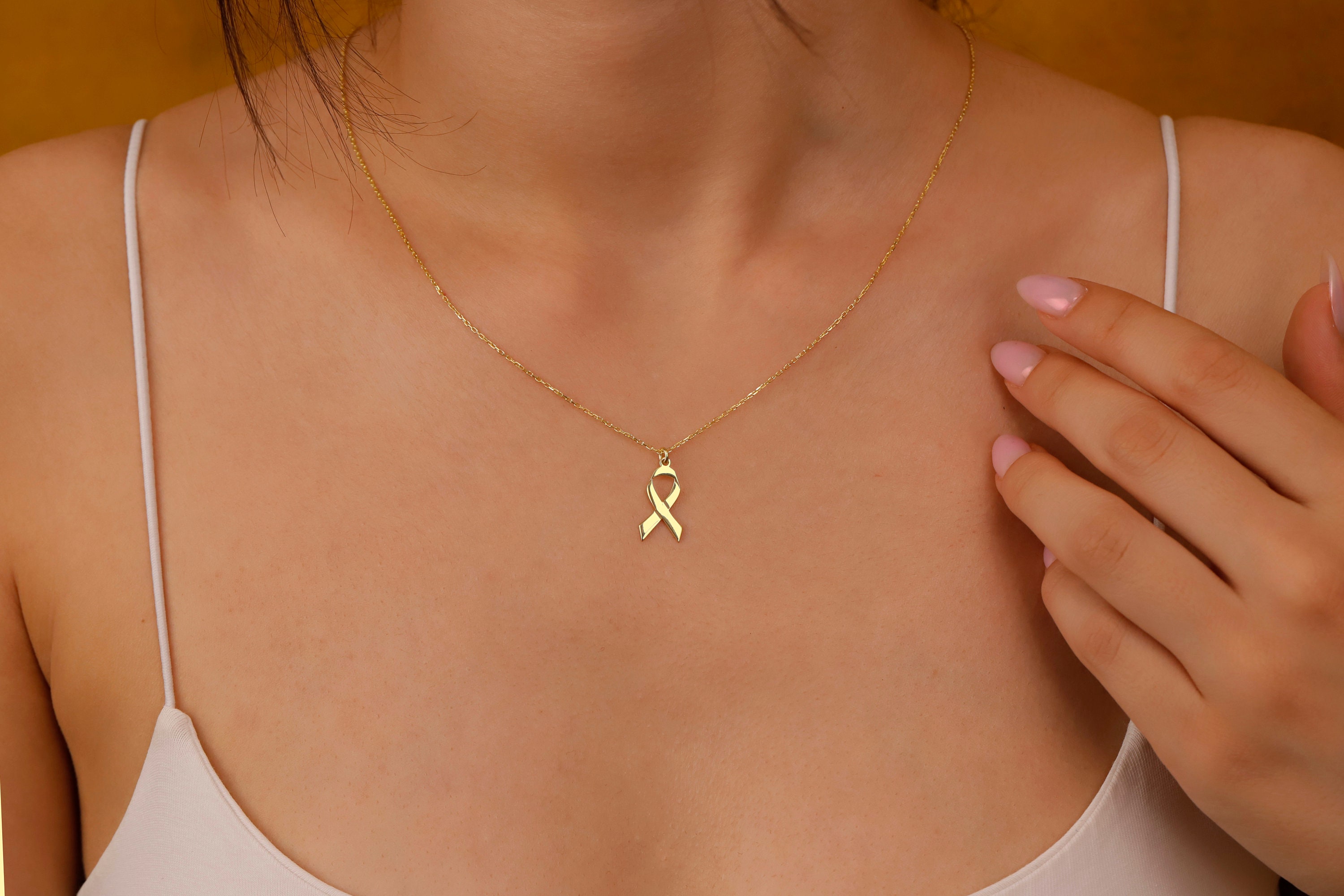 Dainty 10K Gold Ribbon Necklace: Awareness Survivor Jewelry - Etsy