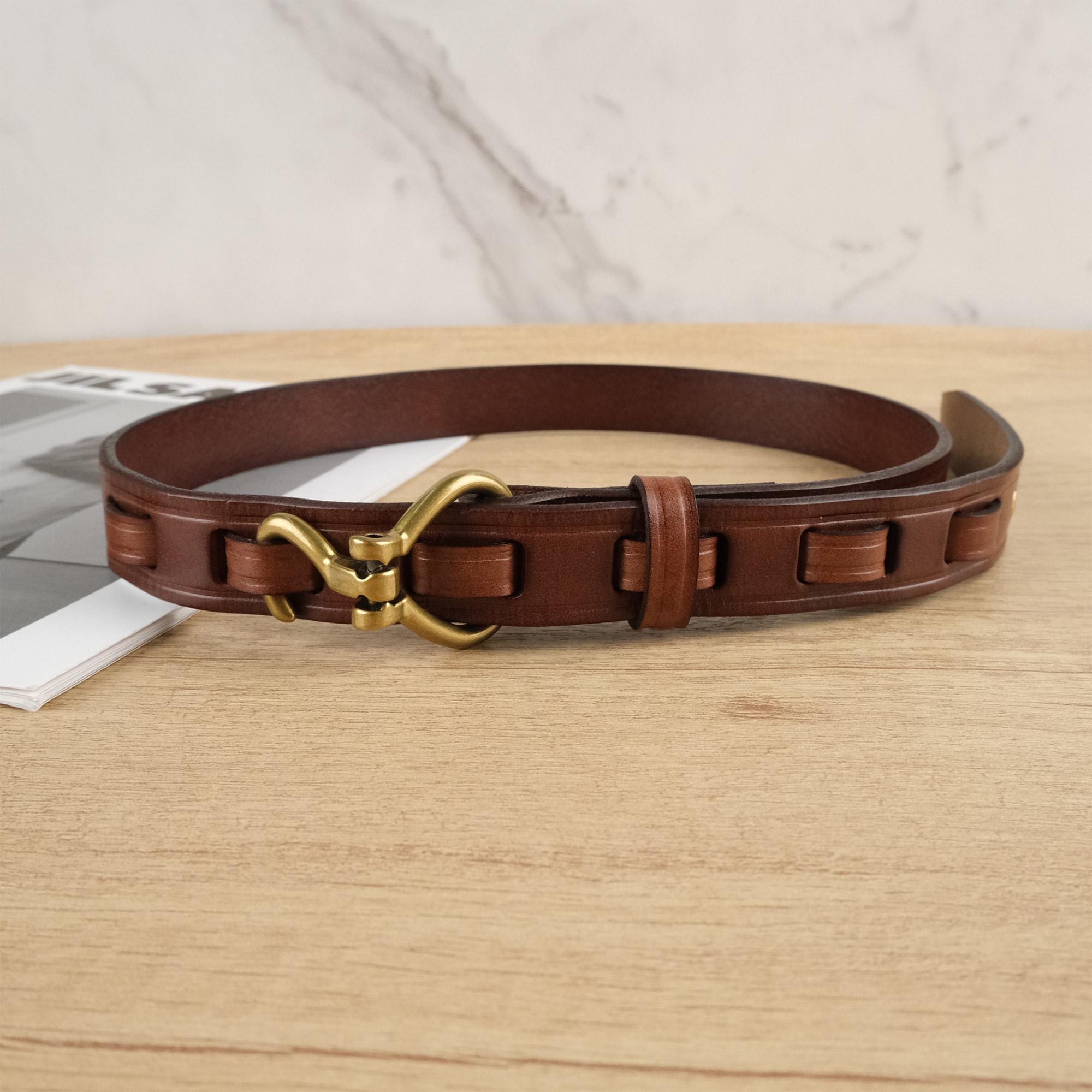 Vintage Leather Belt withMetal Hook Clasp Pelican Clip Hook Copper Buckle Retro Western Cowboy Belt  main image 2