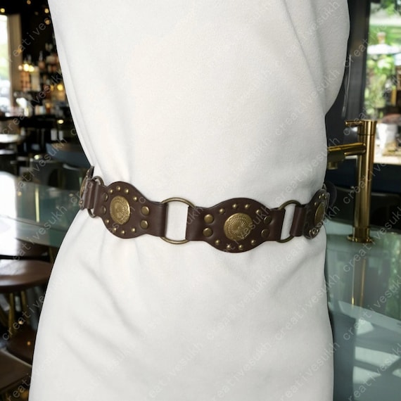 Vintage Round Studded Brown Belt,western Cowboy Studded Belt  display picture 1
