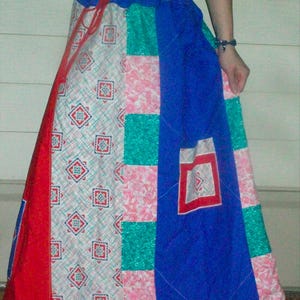 Geometric Patchwork Festival Skirt, Handsewn with Vintage Fabric, Diamonds and Blocks, Lined, Drawstring Waist, One-Size