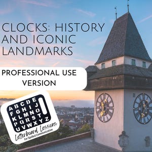 May include: A professional use version of a letterboard with the alphabet and the words "CLOCKS: HISTORY AND ICONIC LANDMARKS" in the background. The image shows a clock tower with a sunset sky.