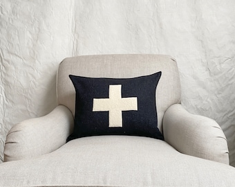 wool pillows- black and cream cross applique