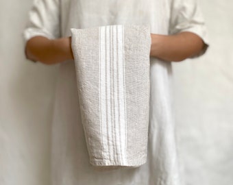 linen tea towel- stone washed stripe- beige