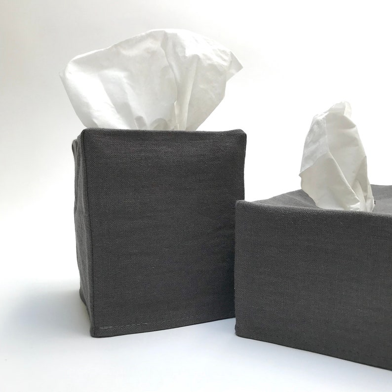 linen tissue box cover 100% woven linen with cotton muslin lining square or rectangular in black, white, oatmeal or dark linen charcoal