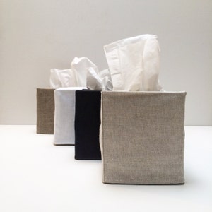 linen tissue box cover 100% woven linen with cotton muslin lining square or rectangular in black, white, oatmeal or dark linen image 1