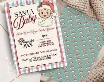 Vintage Santa Baby Shower Invitation Christmas Template | Retro Holiday Baby Invite Bundle Canva Editable | Raffle Ticket & Thank You