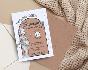 Editable Halloween Baby Shower Invitation | “I’m Going to Be a Mummy” Canva Template | Fall Baby Shower + Raffle & Library Card