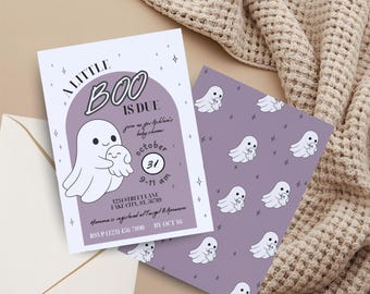 Halloween Baby Shower Invitation Bundle: Ghost Design, A Little BOO is Due (Editable Canva Template)