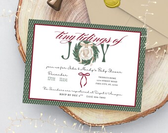 Tiny Tidings of Joy Baby Shower Invitation Bundle | Vintage Christmas Canva Template w/ Diaper Raffle, Thank You & Library Card