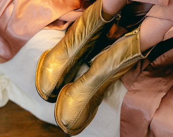 Gold Metallic Leather Ankle Boots, Block Heel, Handmade Booties