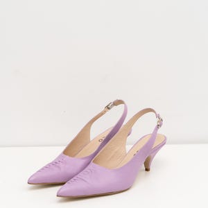 Lilac Leather Slingbacks, Kitten Heel Pointed Toe, Handmade Wedding Guest Shoes image 5