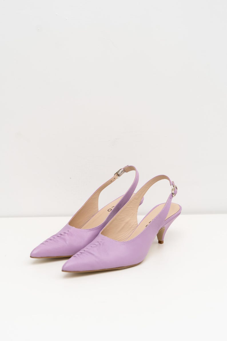 Lilac Leather Slingbacks, Kitten Heel Pointed Toe, Handmade Wedding Guest Shoes image 5