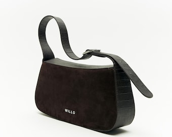 Chocolate Leather Baguette Bag, Croc Embossed Suede Purse, Handmade Shoulder Handbag