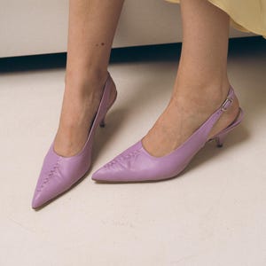 Lilac Leather Slingbacks, Kitten Heel Pointed Toe, Handmade Wedding Guest Shoes image 1