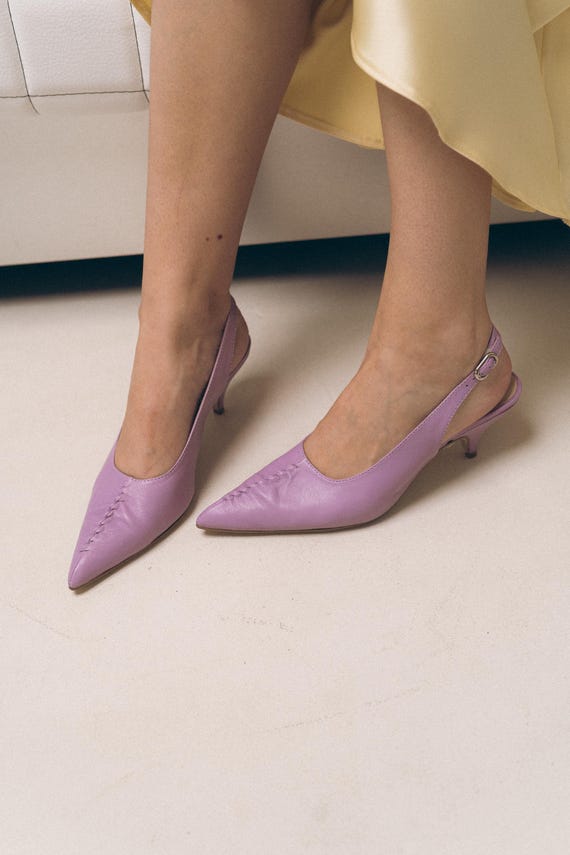 Lilac Leather Slingbacks, Kitten Heel Pointed Toe, Handmade Wedding Guest Shoes