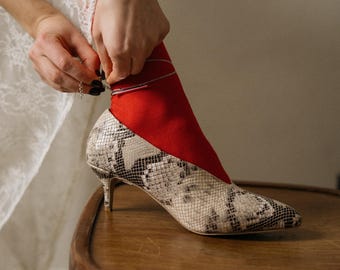 Genuine Leather Snake Print Kitten Heel Pumps, Pointed Toe, 5cm Heel