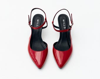 Red Patent Leather Slingbacks, Kitten Heel Pointed Toe, Handmade Party Shoes
