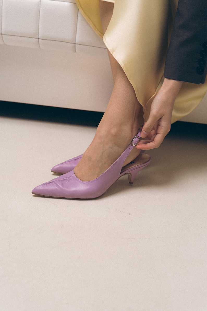 Lilac Leather Slingbacks, Kitten Heel Pointed Toe, Handmade Wedding Guest Shoes image 8