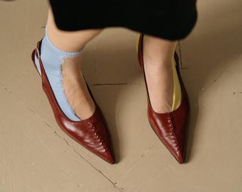 Dark Red Leather Slingback Heels, Kitten Heel, Pointed Toe, Handmade in Ukraine