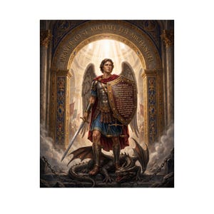 Puede incluir: Una representación del Arcángel San Miguel con armadura romana y alas, sosteniendo una espada y un escudo con la oración al Arcángel San Miguel. La figura se encuentra sobre un dragón dentro de un arco ornamentado con pilares dorados.