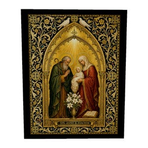 May include: A rectangular religious print featuring Saint Anne, Saint Joachim, and a child in a golden arched frame. The border is black with intricate gold floral patterns and two white doves. The text STS. ANNE & JOACHIM is at the bottom.