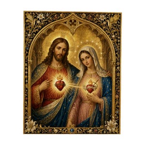 May include: A rectangular religious print featuring the Sacred Heart of Jesus and the Immaculate Heart of Mary. Both figures are centered within a gold-toned, ornate gothic arch frame decorated with floral motifs and dark blue accents.