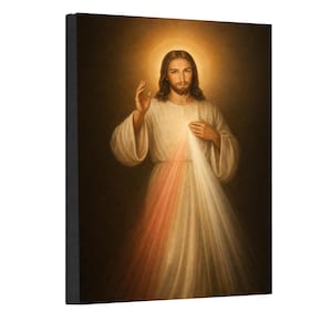 May include: A rectangular canvas print featuring a portrait of a figure with long brown hair and a beard, wearing a white robe. A glowing halo surrounds the head, and two rays of light, one pale red and one white, emanate from the chest area.