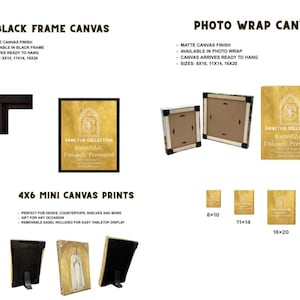 May include: The image showcases canvas art prints in various styles and sizes. Options include Black Frame Canvas, Photo Wrap Canvas, and 4x6 Mini Canvas Prints. Sizes available are 8x10, 11x14, and 16x20 inches. The prints feature a matte canvas finish.