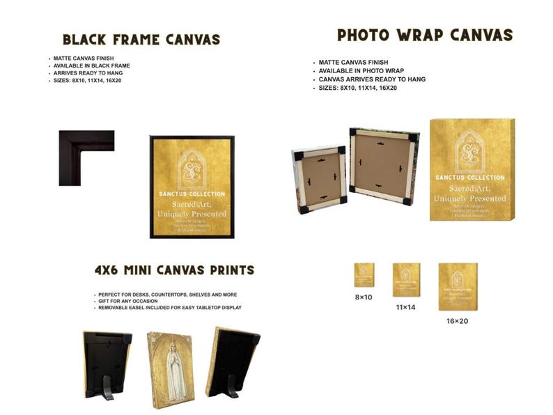 May include: The image showcases canvas art prints in various styles and sizes. Options include Black Frame Canvas, Photo Wrap Canvas, and 4x6 Mini Canvas Prints. Sizes available are 8x10, 11x14, and 16x20 inches. The prints feature a matte canvas finish.
