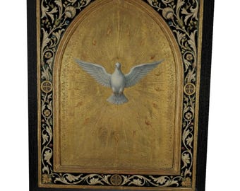 聖霊の鳩の木製パネルプリント、カトリックキリスト教装飾、洗礼・堅信の贈り物（5x7インチ、8x10インチ）