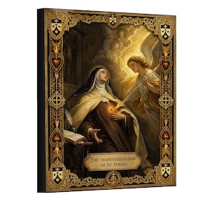 May include: A rectangular wall art piece depicting The Transverberation of St. Teresa, featuring a nun and an angel with a golden spear. The image is enclosed in an ornate, dark gold frame with intricate filigree, heart motifs, and heraldic shields.
