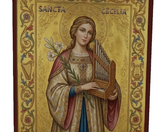 Saint Cecilia Catholic Wood Panel Art, Patron Saint of Music Musicians Gift