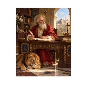 Saint Jerome Catholic Wall Art, Scripture Scholar with Lion in an Ornate Study
