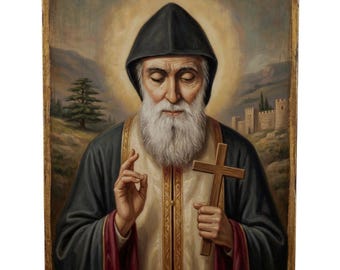 Saint Charbel Makhlouf Wood Panel Icon | Maronite Catholic Religious Art