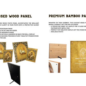 May include: Pressed wood photo panels with black woodgrain finish, available in 5x7 and 8x10 inch sizes. The panels feature keyhole hangers for wall display and a 5/8 inch peg backing for tabletop presentation. Made in the USA.