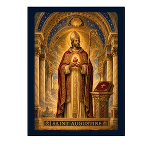 Op de afbeelding: Een rechthoekige wandkunstprint met de heilige Augustinus in een rood en goud bisschopsgewaad, die een brandend hart vasthoudt. Hij staat in een gouden boogarchitectuur met een boek op een voetstuk. De tekst SAINT AUGUSTINE staat aan de onderkant.