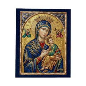 May include: A rectangular religious icon featuring a central figure in a blue robe holding a child in green and gold garments. The background is gold with two small angels, and the entire image is framed by a border of small white pearls.