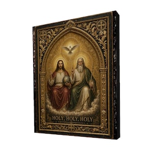 May include: A rectangular wall art print featuring a religious scene of two figures seated on clouds within an ornate gold archway. A dove is centered above them. The text HOLY, HOLY, HOLY is printed at the bottom. The frame has a dark, detailed border.