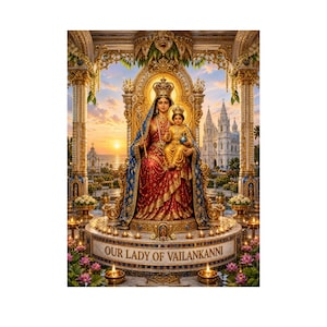 May include: A religious print depicting Our Lady of Vailankanni wearing a red and gold gown with a blue mantle, holding a child in gold robes. They sit on an ornate throne with the text OUR LADY OF VAILANKANNI on the base, surrounded by candles.