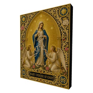 Maria, knutupplösaren, katolsk träpanelkonst, Marian bönegåva