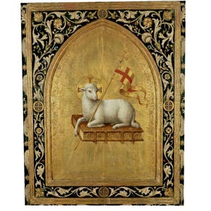 May include: A religious painting featuring a white lamb with a halo, holding a flag with a red cross, resting on a book. The artwork is set against a gold background within a decorative frame with floral and geometric patterns.